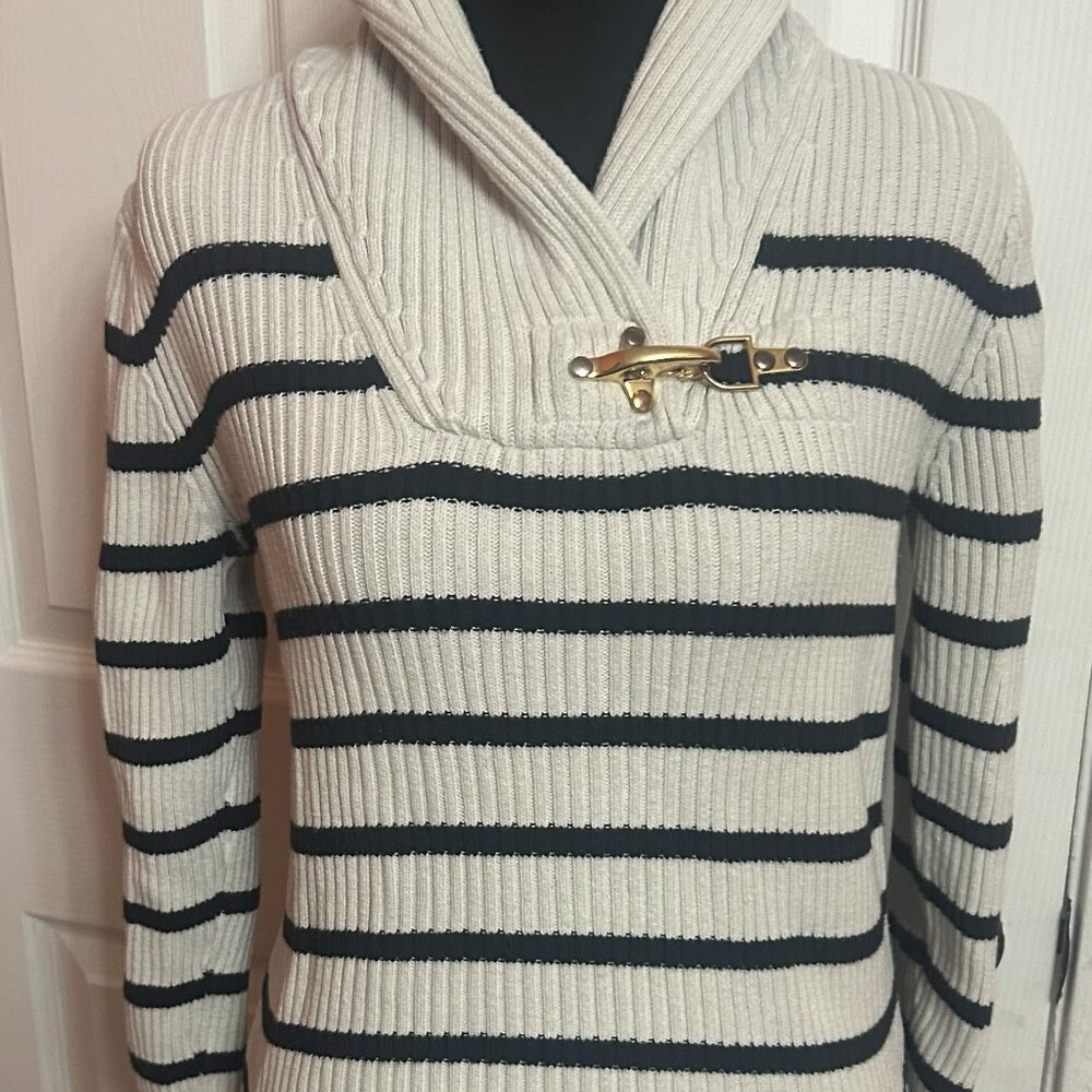 Ralph Lauren Cream and Black Striped Shawl Collar Sweater - Picture 4 of 5